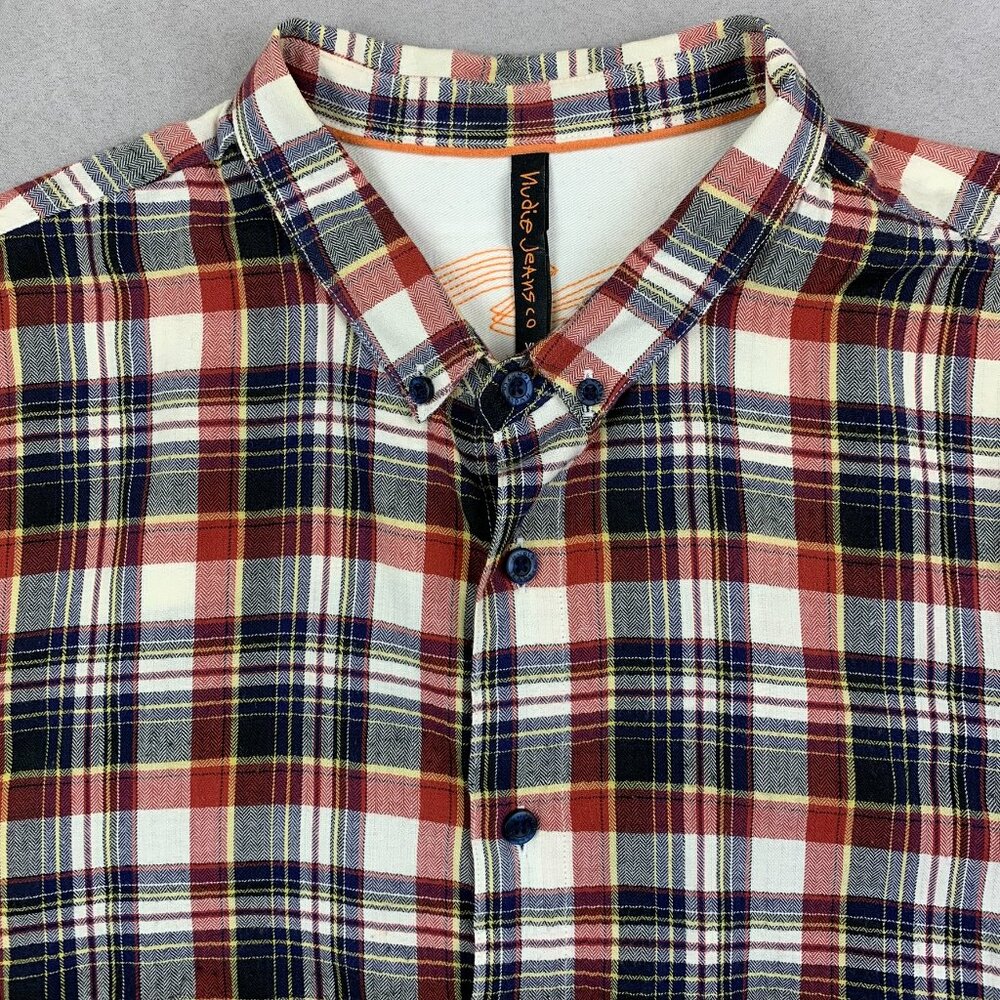 Nudie Mens Shirt Large Red Blue Tartan Plaid Herringbone Button Up Short-Sleeve - Picture 2 of 7